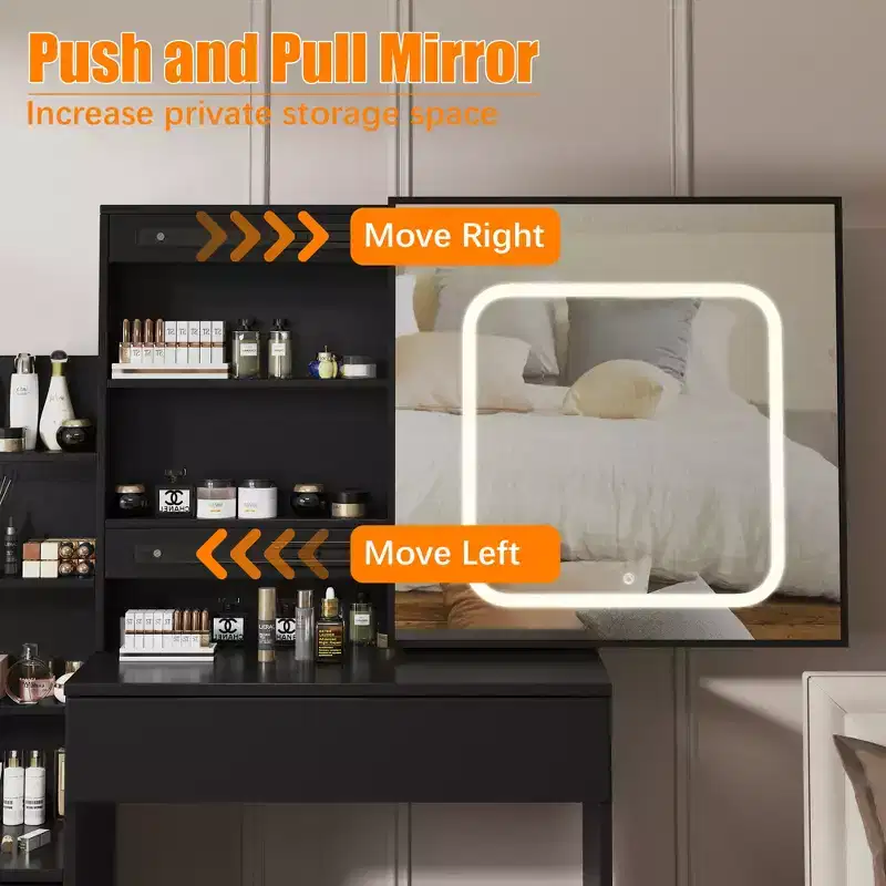 Modern Makeup Vanity with Sliding LED Mirror, Power Outlet, Storage Drawers, Shelves, Adjustable Lighting and Stool