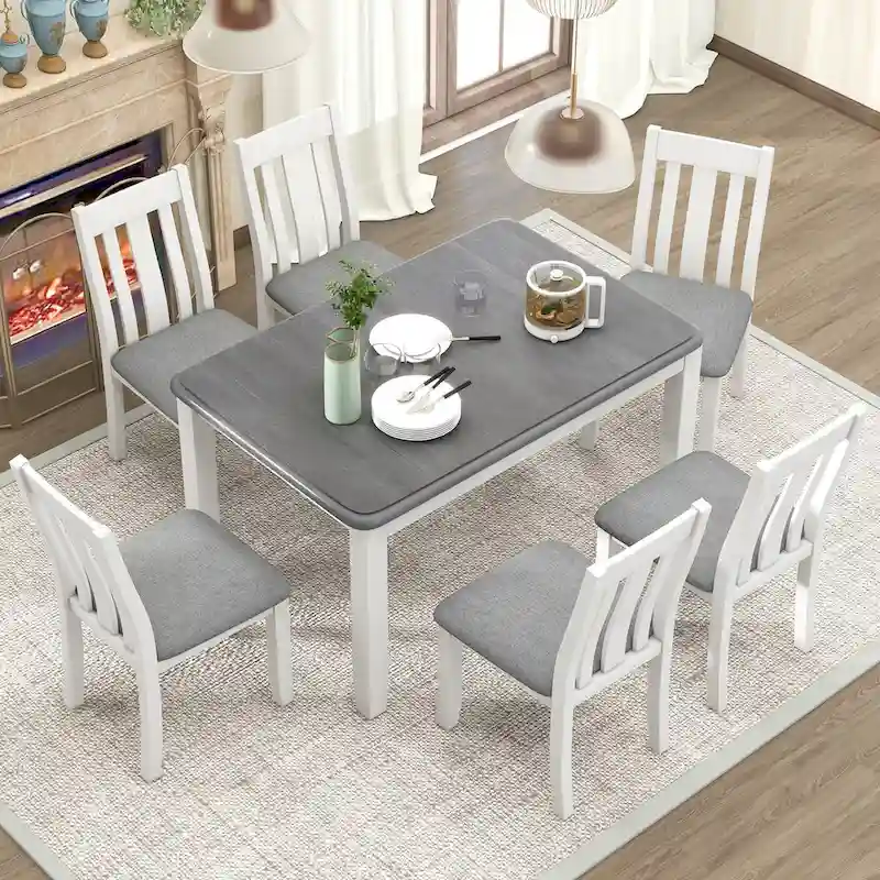 Retro Style 7-Piece Dining Table Set with Extendable Table and 6 Upholstered Chairs