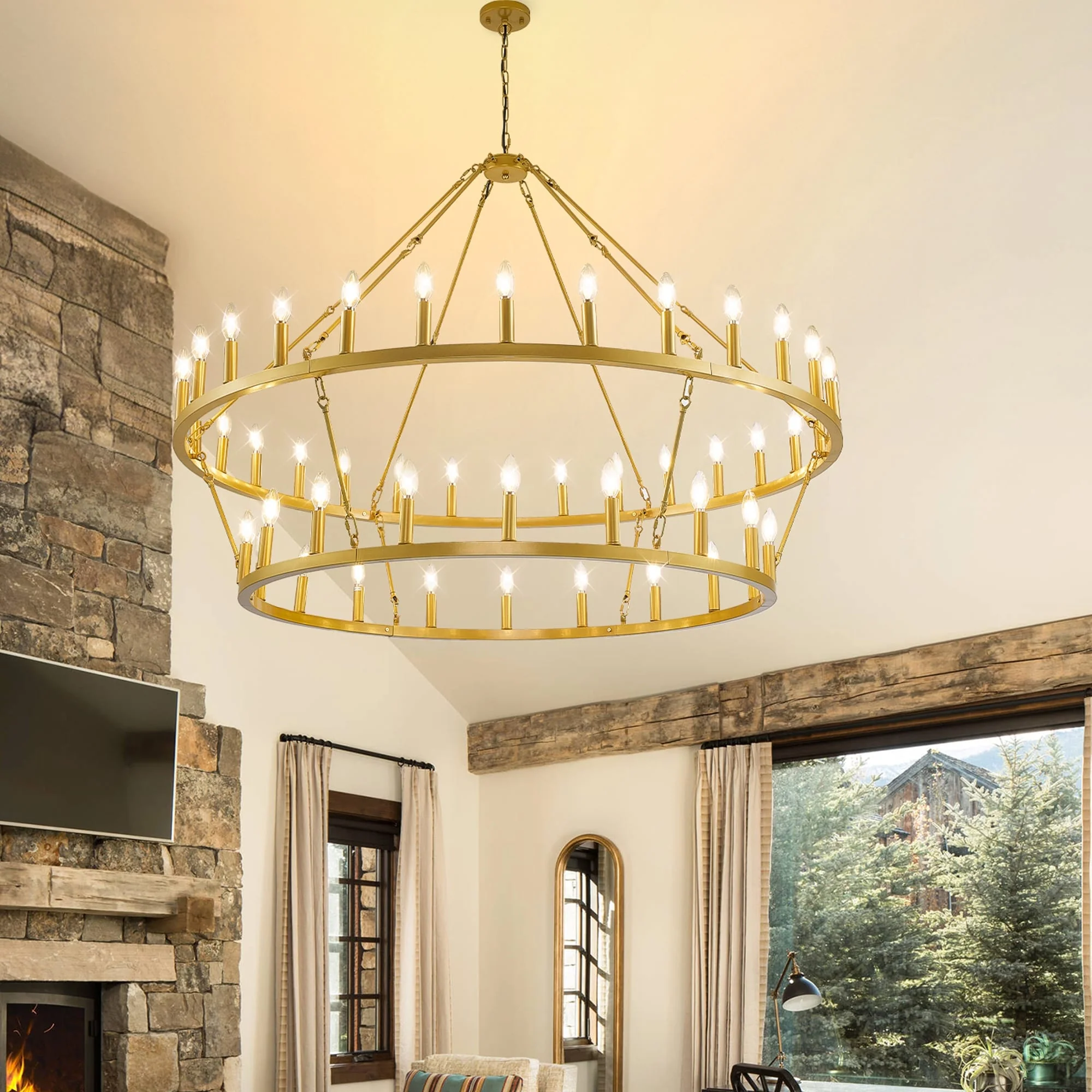 Modern Farmhouse Chandelier 2 Tier Round Wagon Wheel Chandelier Large High Ceiling Light.