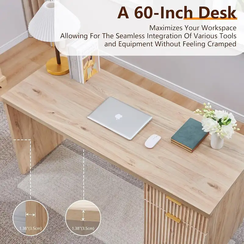 60  Modern Executive Desk, Wood Home Office Desk, Fluted Computer Desk