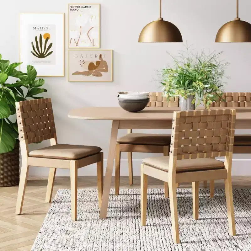 Nathan James Cohen Woven Faux Leather Dining Chair Mid-Century Modern Light Brown: Upholstered, Wood Frame, Armless