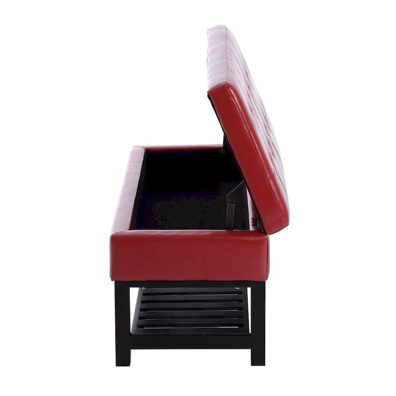 Red Faux Leather Tufted Ottoman Storage Bench with Shoe Rack – 1 Person