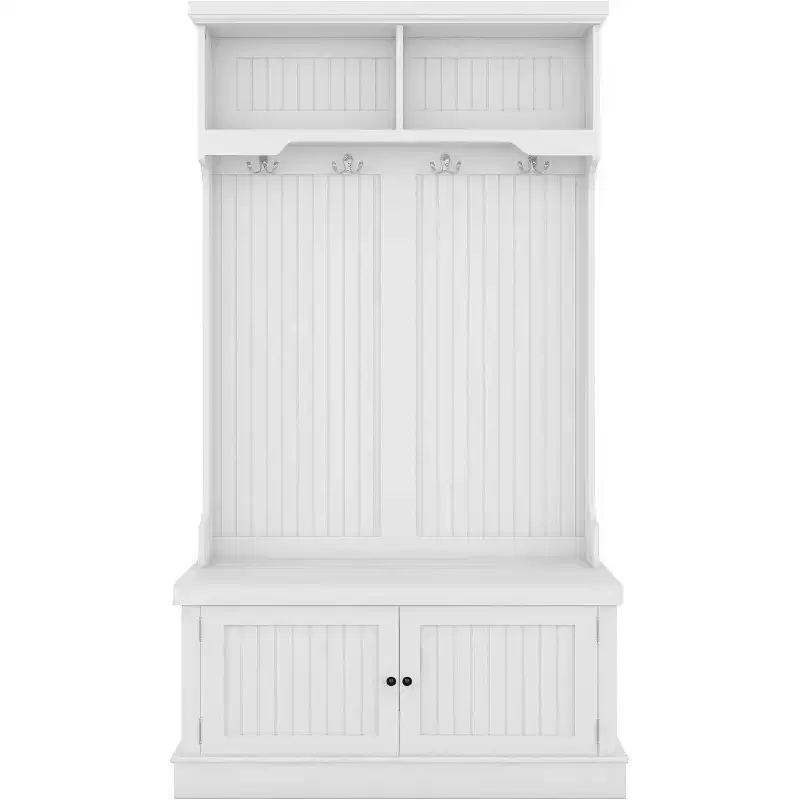 Acekool 4-in-1 Hall Tree with Storage Shoe Bench, Coat Rack with 4 Hooks, Entryway Organizer with Display Shelves & Cabinet, White