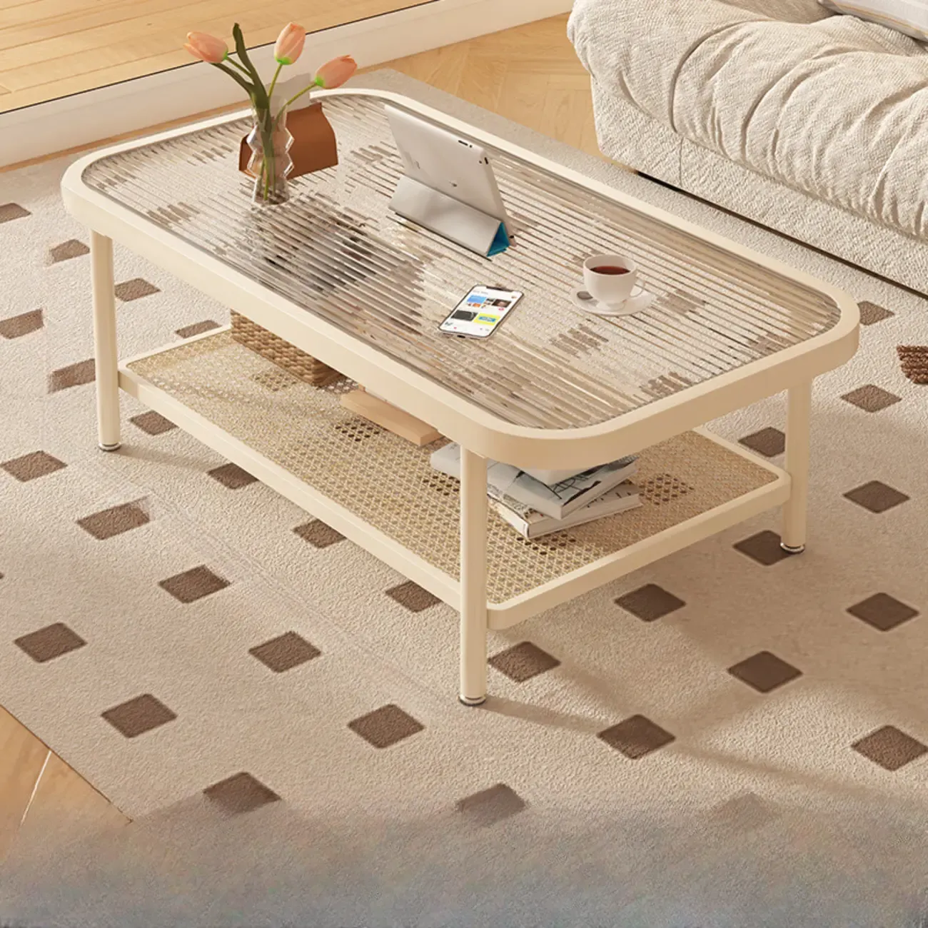 Modern White Rectangle Glass Coffee Table with Shelf