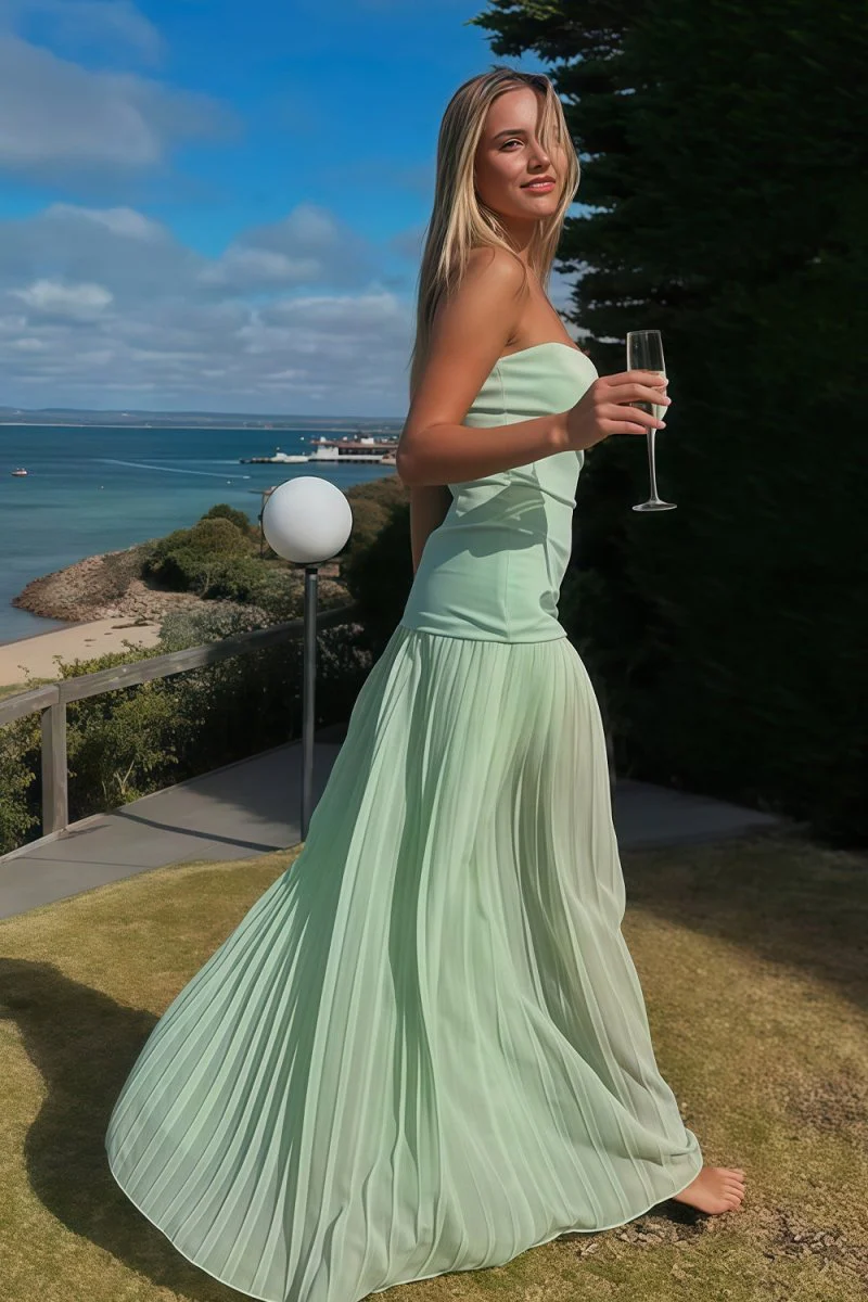 Blue Strapless Sheath Chiffon Pleated Long Prom Dresses
