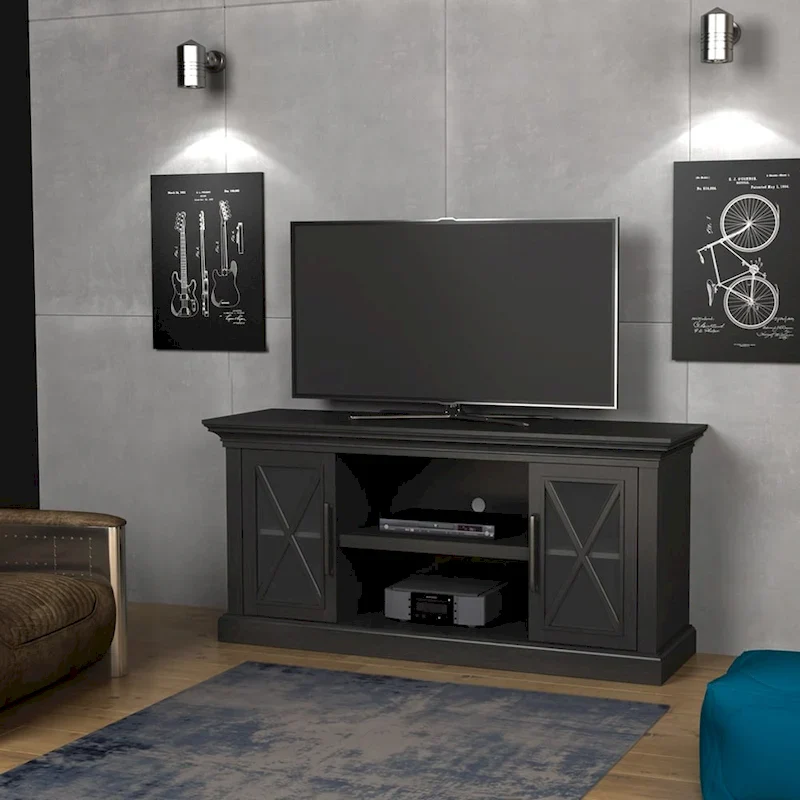 Black TV Stand with Glass Doors, Fits TVs up to 65