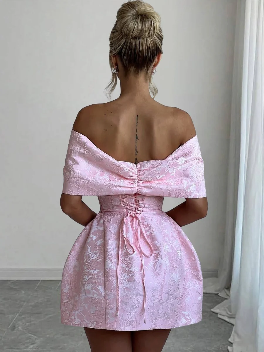 Pink - Off The Shoulder Jacquard A Line Homecoming Dress With Appliques