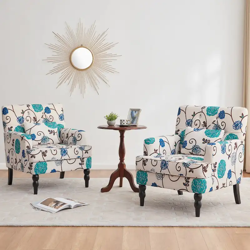 Set of 2 Arm Chair Upholstered Button Tufted Accent Chair with Lumbar Pillow Beige/ Grey/ Light Blue