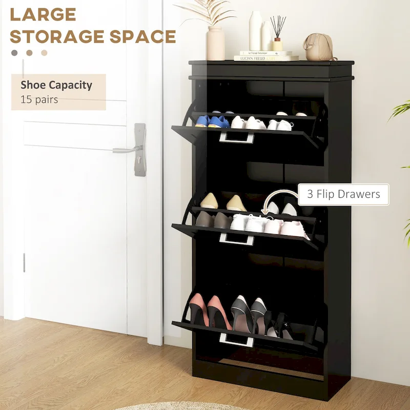 Black Shoe Cabinet with 3 Flip Drawers - 15 Pair Capacity