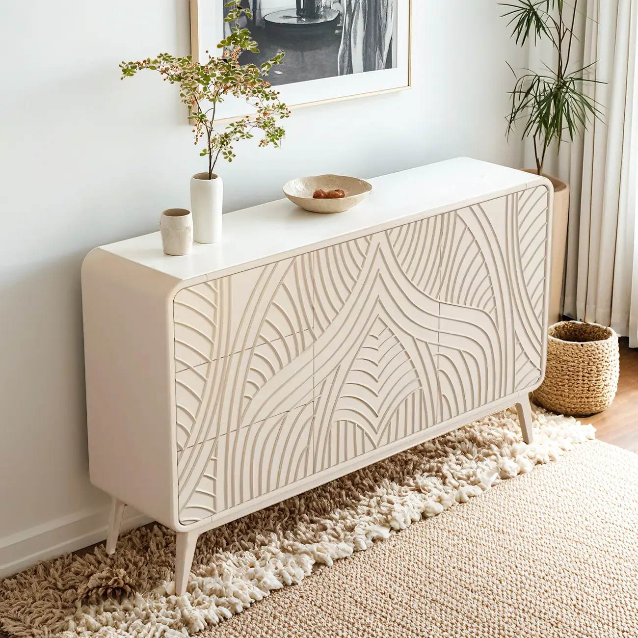 Glam White-Wood Protruding Lines Soft-Close Drawers Dresser