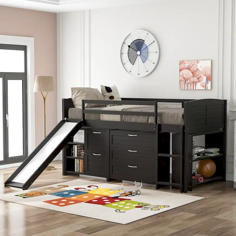 Twin Low Loft Bed with Storage Cabinets, Shelves & Ladder – White / Gray / Espresso, Pine Wood, Single