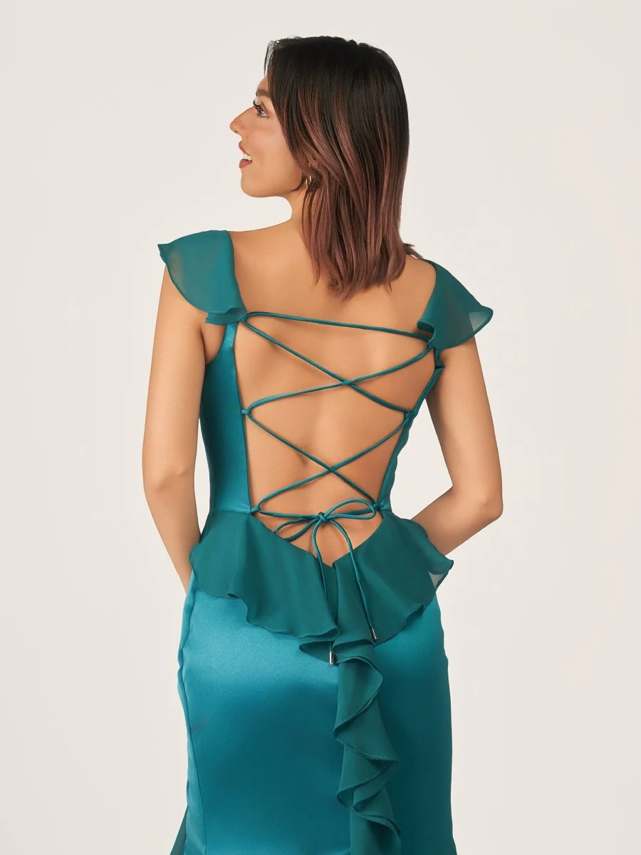 Emerald Green Square Neck Ruffle Slit Prom Dress