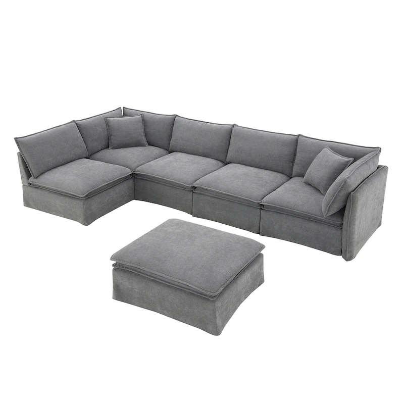 L Shaped Modular Sectional Chenille Sofa with Movable Ottoman