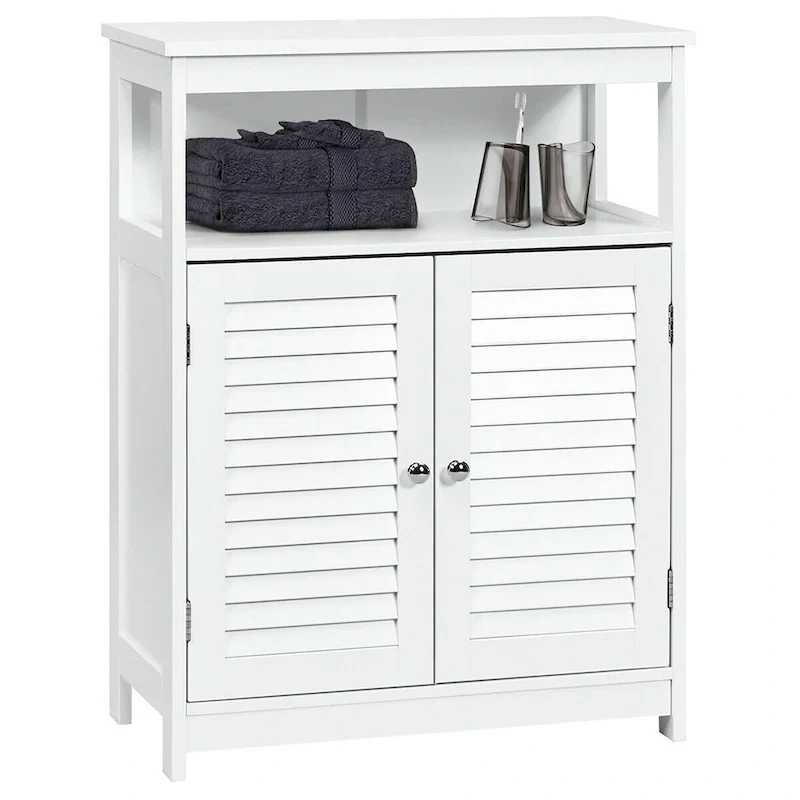 White MDF Bathroom Floor Storage Cabinet with Double Shutter Door & Open Shelf – Single
