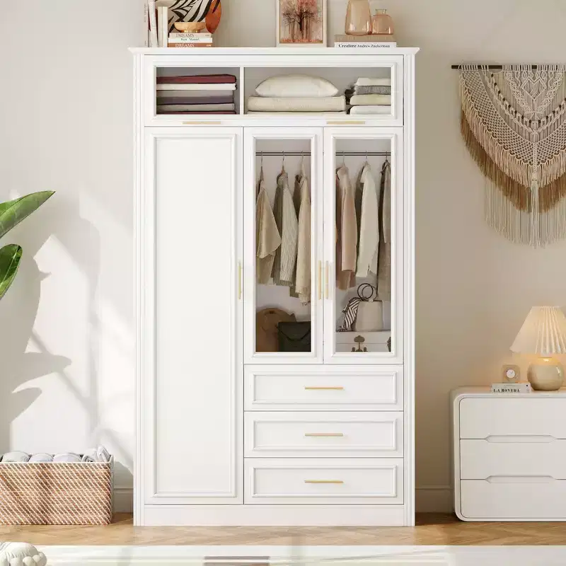 Whisen 3 Door Wardrobe Armoire Closet with LED and 3 Drawers - White