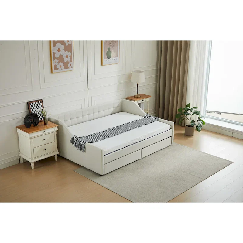 Modern Upholstered Sofa Bed with 2 Drawers and Wooden Frame, Vertical Stripes