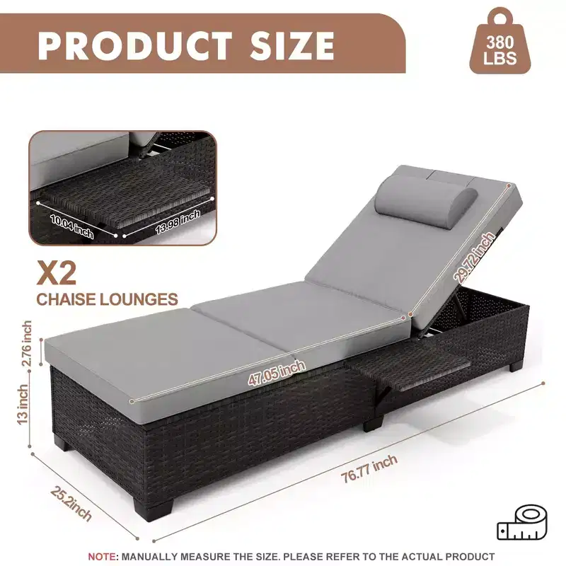 COZONY 2-Pack Patio Chaise Lounge Chairs, PE Wicker Adjustable Recliners with Cushions for Poolside Backyard Outdoor