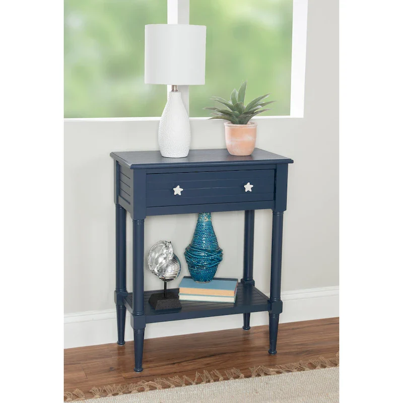 White / Natural / Blue Coastal Accent Side Table with Drawer & Lower Shelf, 1-Person