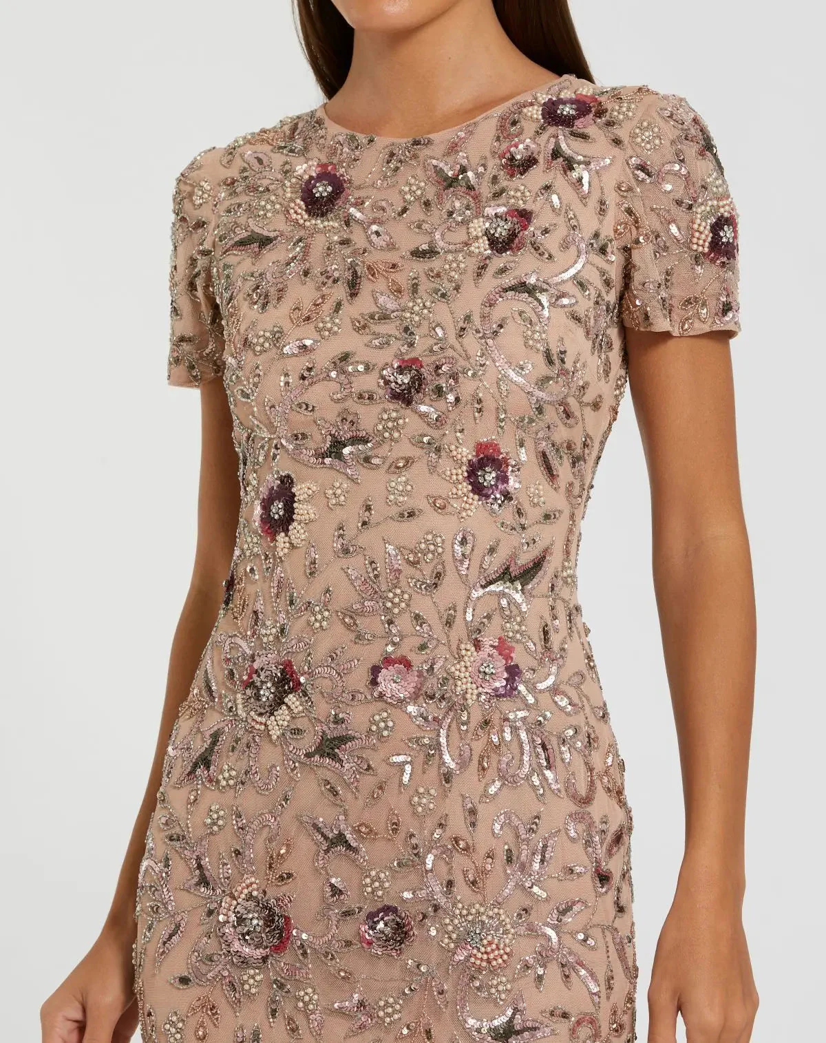 Beige Floral Embellished Short Sleeve Midi Dress
