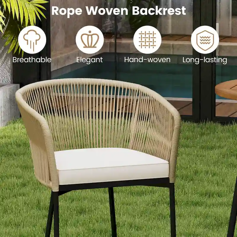 Costway 3 PCS Rope Woven Patio Bar Set with Soft Cushions and Acacia - See Details