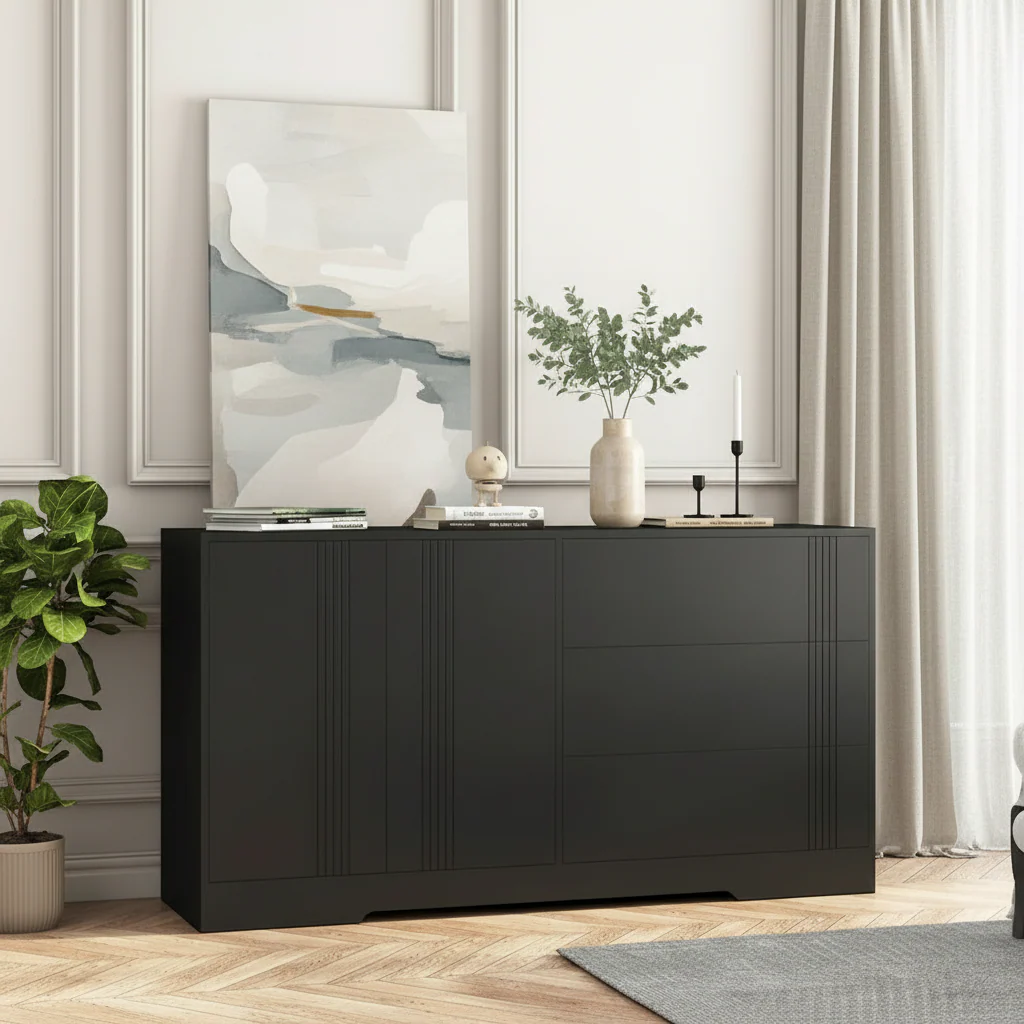 Sideboard Buffet Cabinet with Drawers and Doors - Adjustable Shelves (Black)
