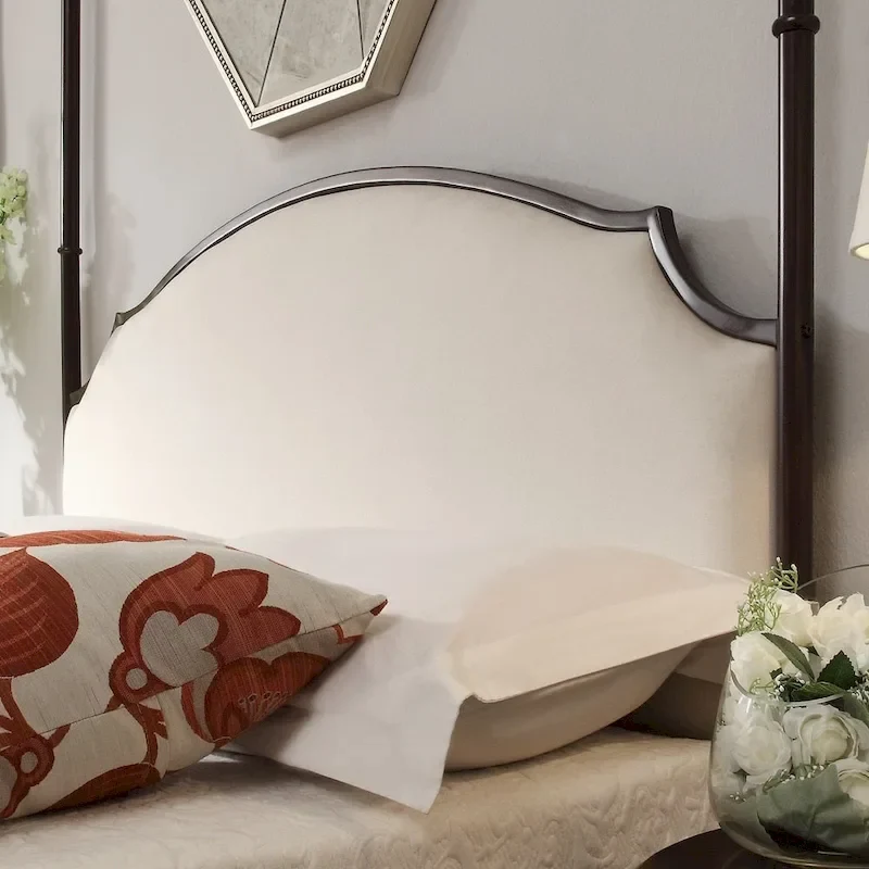 Cream Linen Transitional Canopy Poster Bed, Cherry Brown Frame (Twin/Full/Queen/King)
