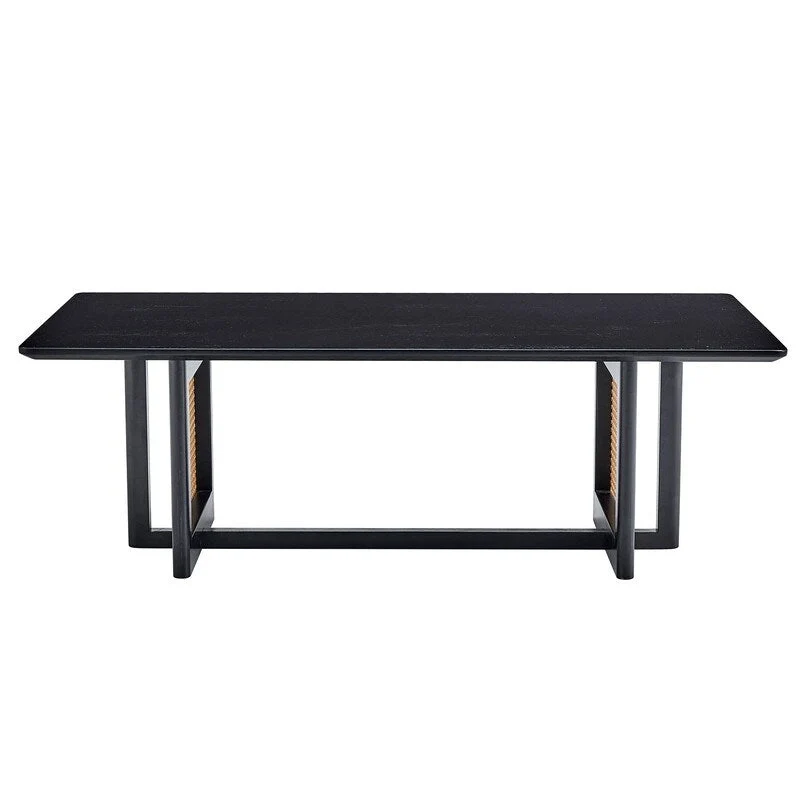 Solid Wood Coffee Table with Rattan Design - Black/White