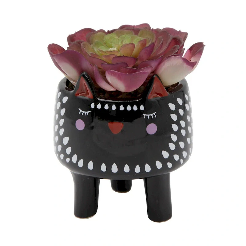 Faux Succulent in 4.75  Small Black Cat Ceramic Planter