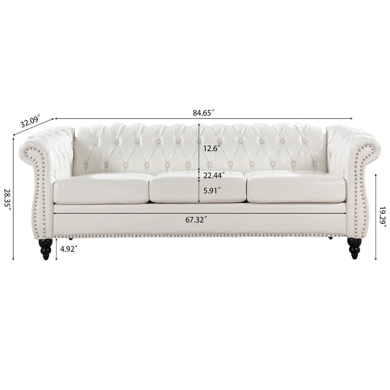 Cream 84.65  Traditional Chesterfield 3 Seater Sofa, PU Leather