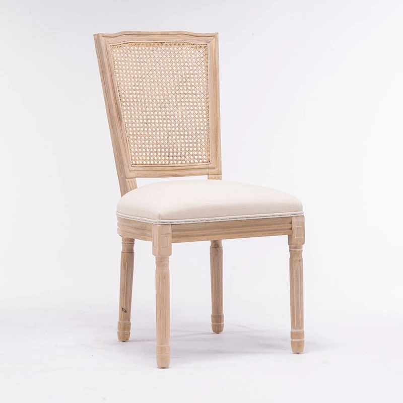 Solid Wood Frame Antique Painting Square Rattan Back Dining Chair Set of 2