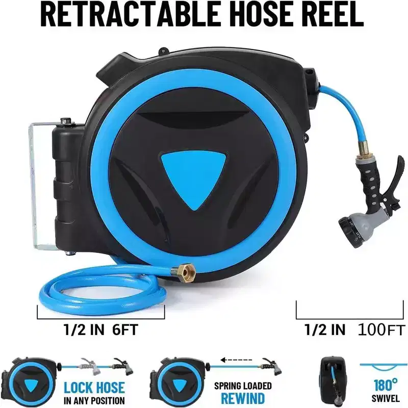 Retractable Garden Hose Reel 1/2 inch x 100 ft Wall Mount With 9-Pattern Nozzle