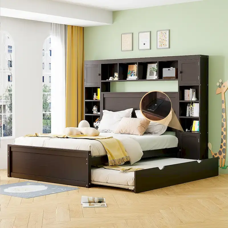 Modern Wooden Bed with Cabinet, Shelf, and Sockets