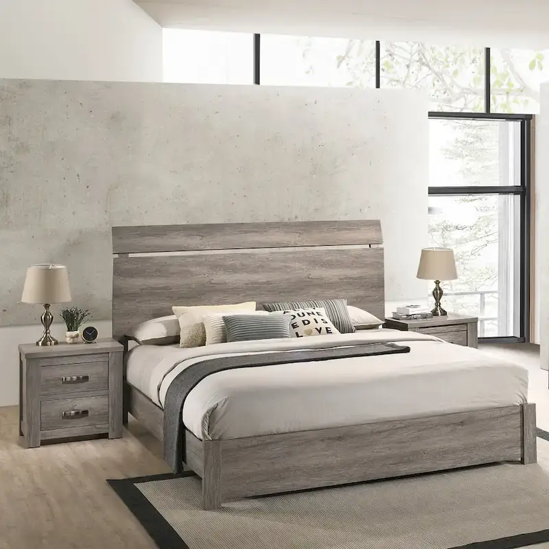 Roundhill Furniture Floren Contemporary Weathered Gray Wood 3-Piece Bedroom Set, Panel Bed with 2 Nightstands