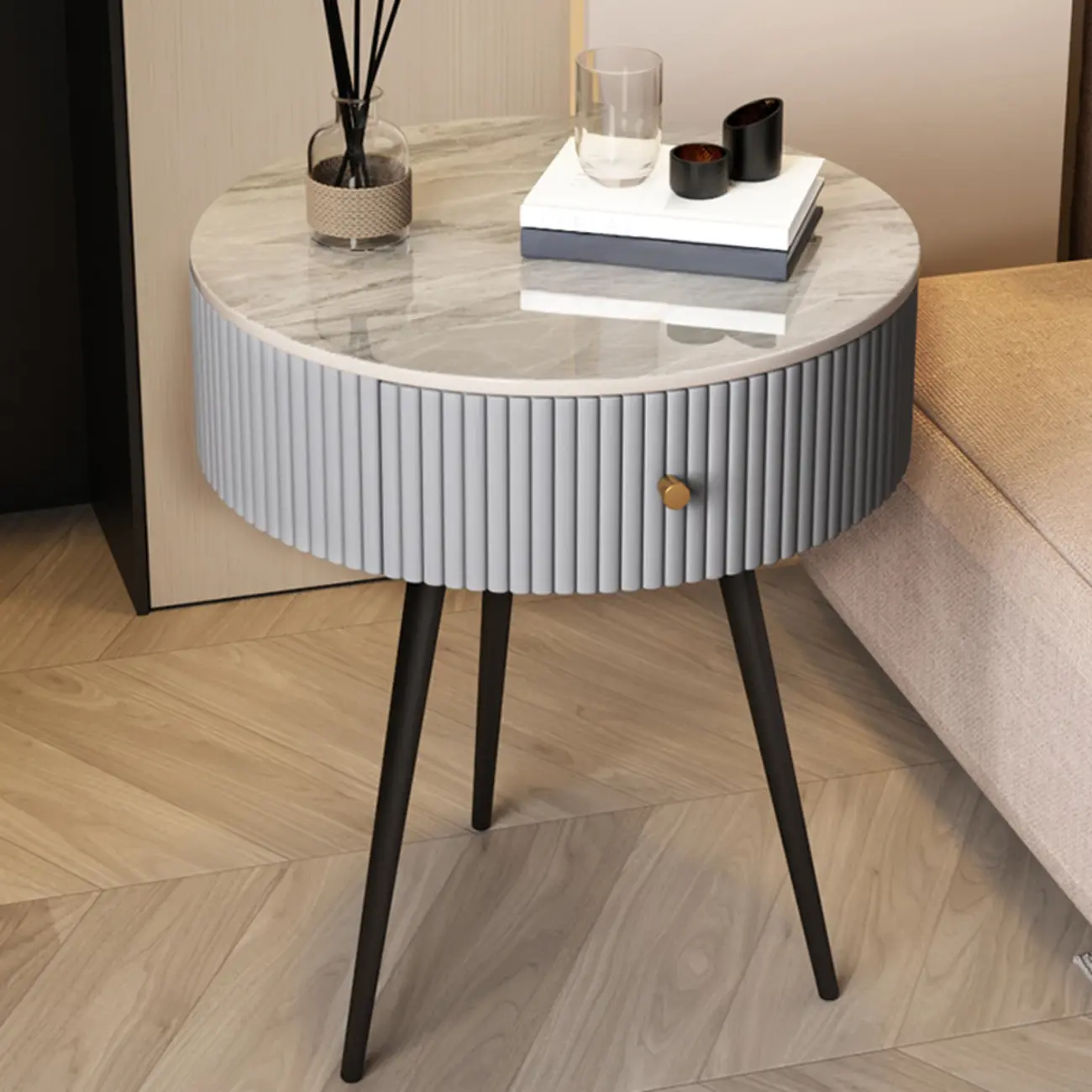 Modern Sintered Stone Top Round Drawer Tripod Nightstand