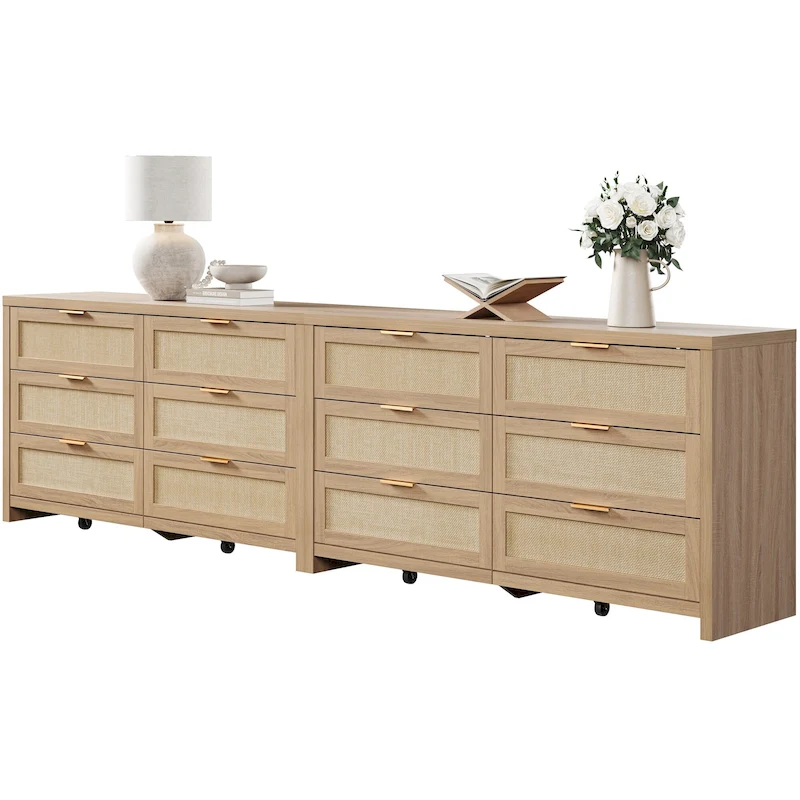 Set of 2 Elegant Right Angled Dresser with 6 Rattan Woven Drawers