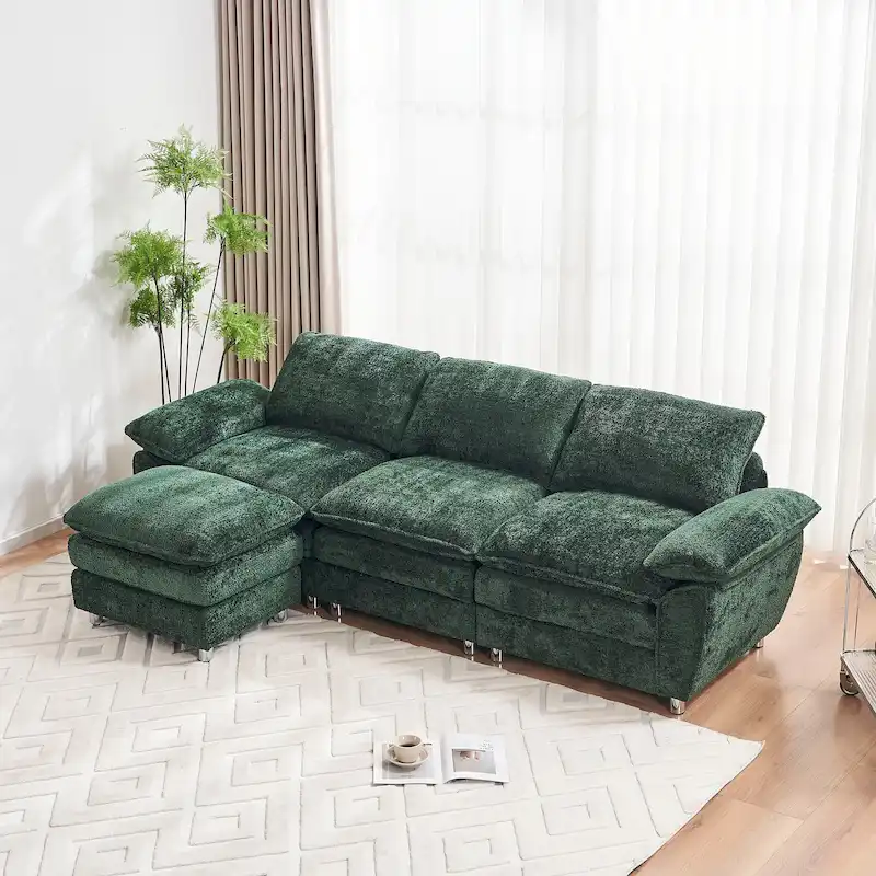 Modern Deep 3-Seat Sofa Couch with Ottoman