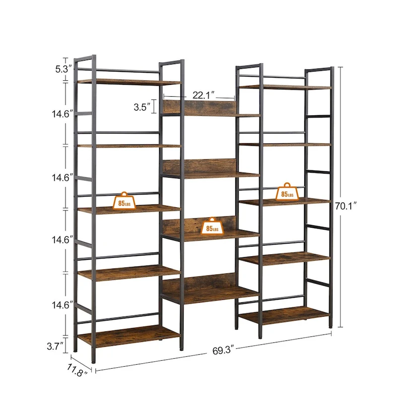Triple Wide 5-shelf Bookshelves Industrial Retro Wooden Style Home and Office Large Open Bookshelves
