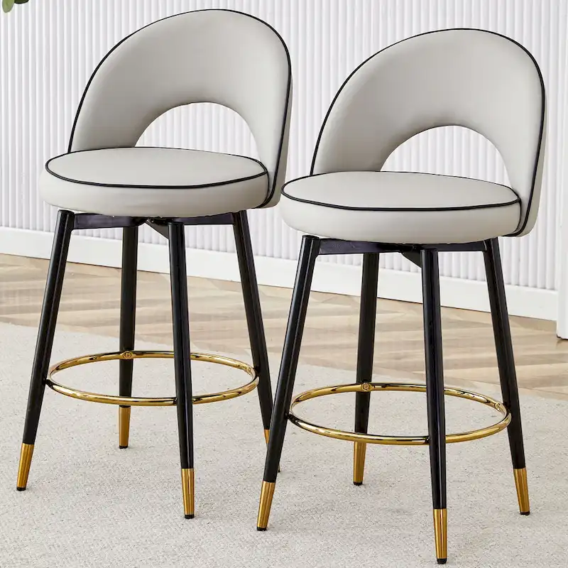 Grey/Black Swivel Bar Stool Set of 2, PU Cushioned, Metal Legs