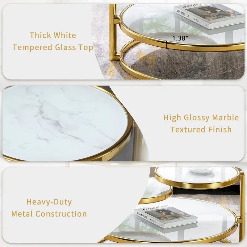 Round Tempered Glass Coffee Table with 3 Tiers 360 Degrees Rotating Top