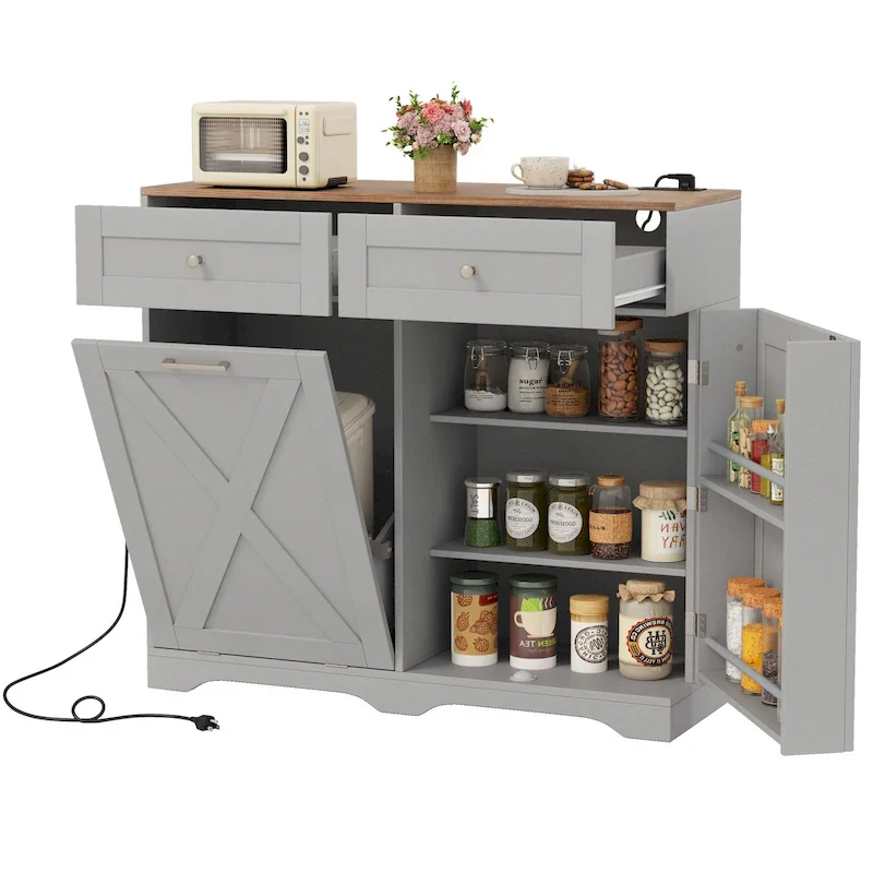 Grey/Black/White Walnut Tilt-Out Trash Can Cabinet with Outlets, 2 Drawers & Adjustable Shelf – 1 Person