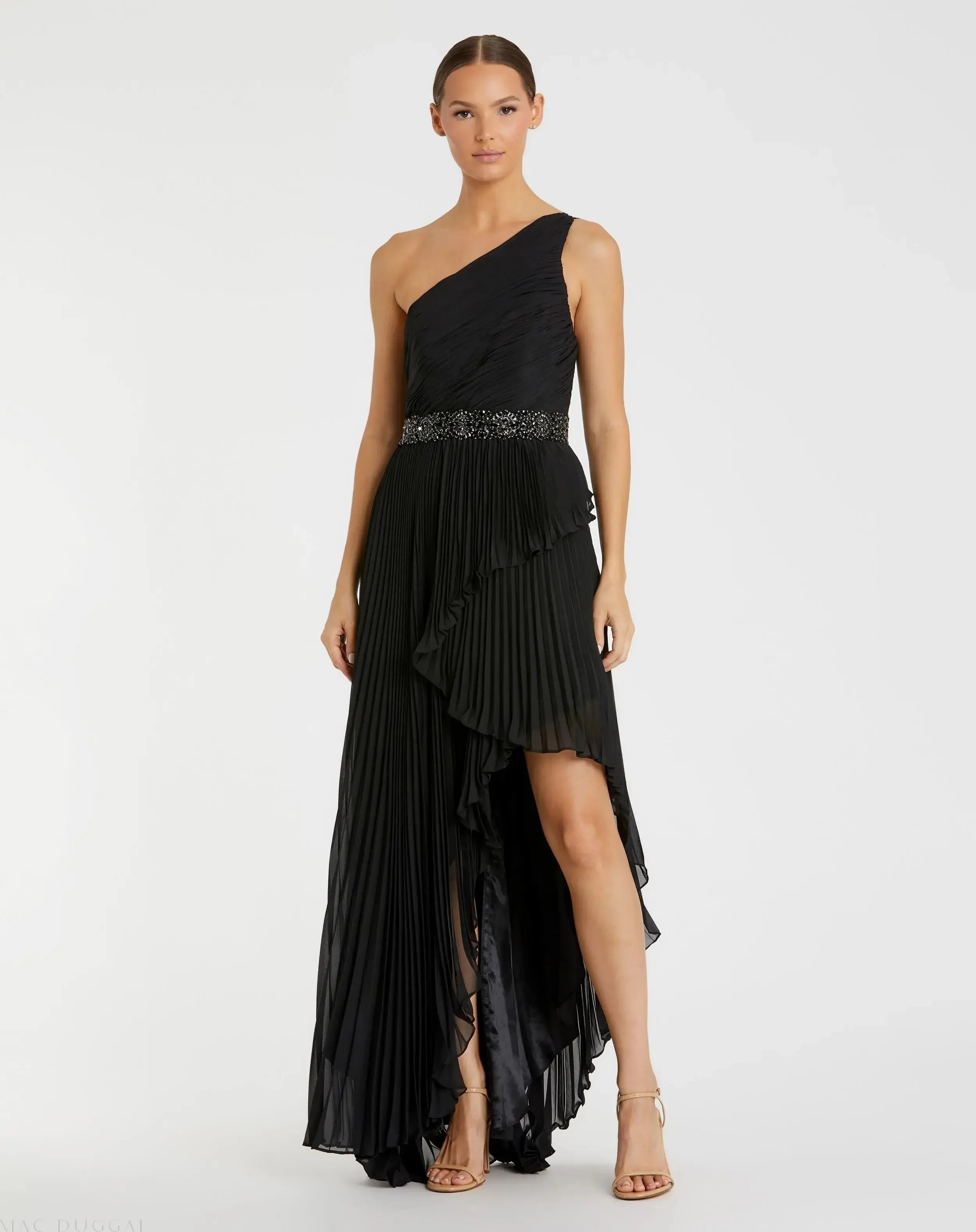 Black Pleated One Shoulder Asymmetrical Ruffle Hem Gown