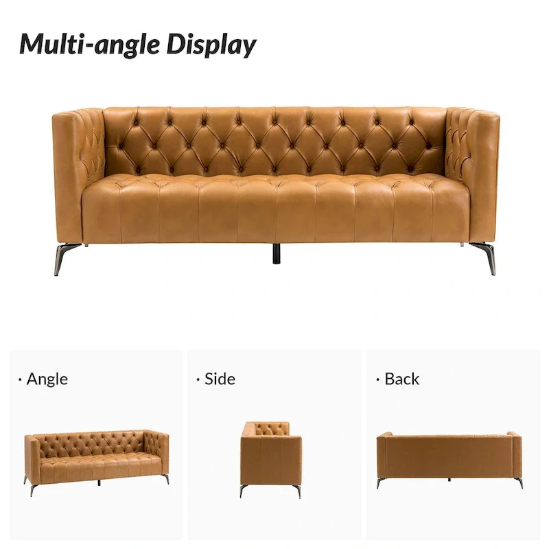 Transitional Genuine Leather Sofa with Metal Legs and Tufted Back