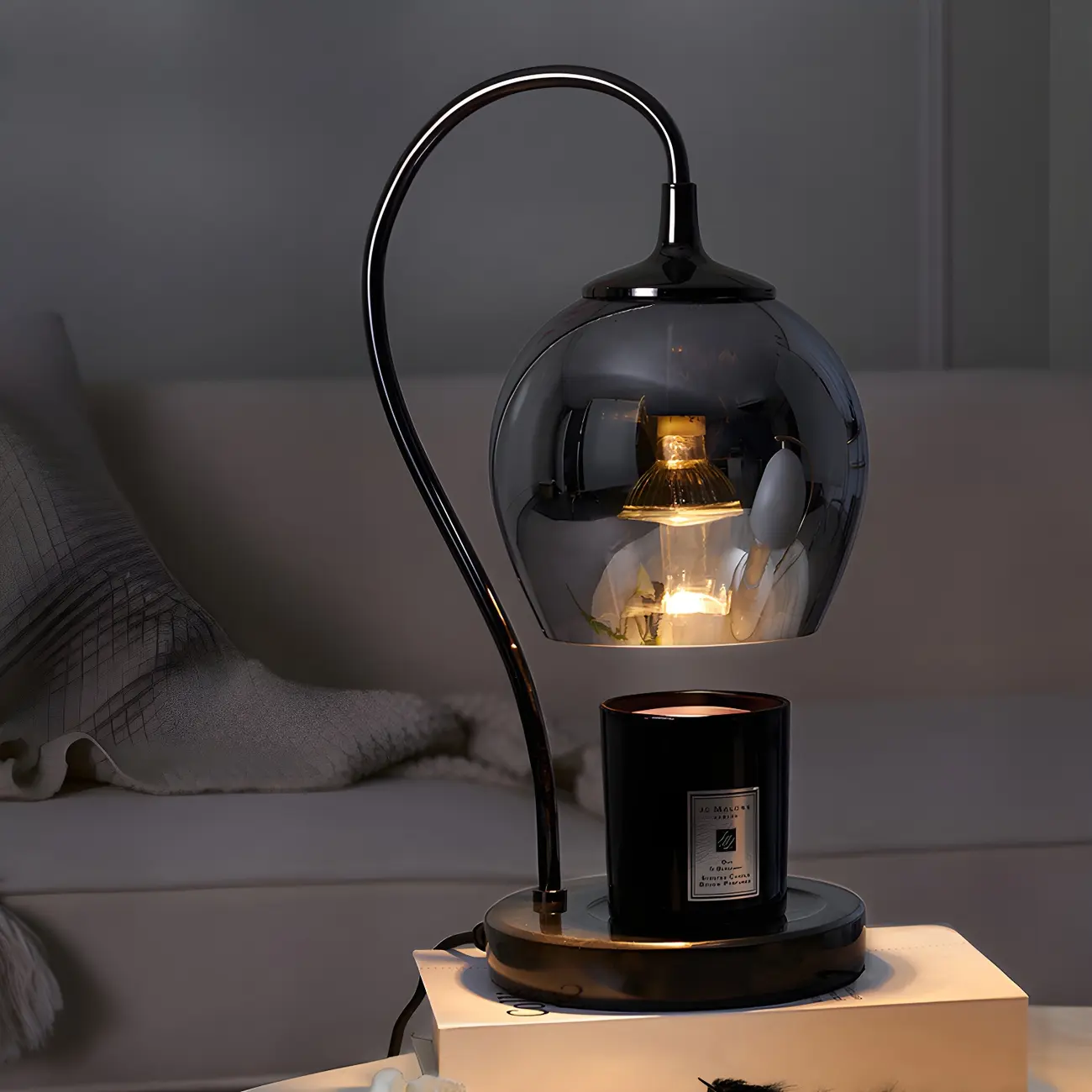 Modern Black Metal Glass Globe Table Lamp with Cup Holder Base
