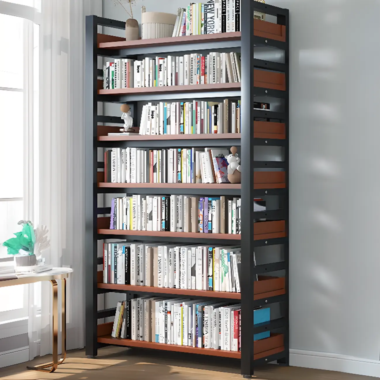 Freestanding Simple Multi-Layer Wood Bookshelf in Steel Frame