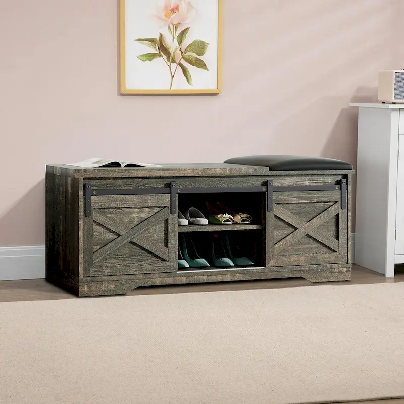 Vintage Farmhouse Style Wooden Storage Bench with Sliding Doors