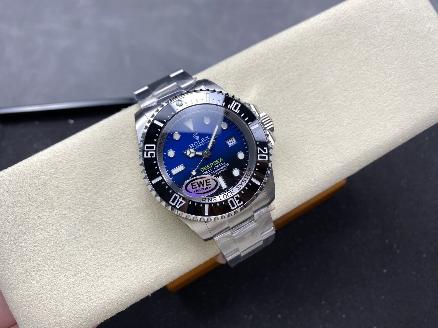 Rolex Deepsea 1:1 clone watch with blue dial and EWE factory sticker