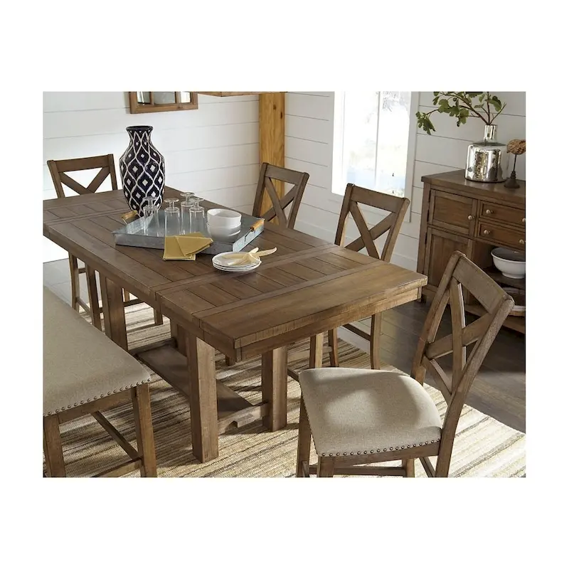 Brown Counter Height Extension Dining Table with Through-Tenon Pedestal Base & Plank-Effect Top, for 4-8 People