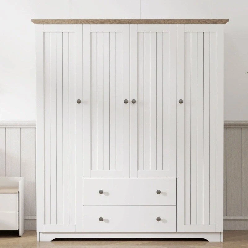 Brown / White 4-Door Wardrobe Armoire with 2 Drawers & Hanging Rail