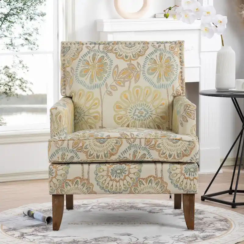 Beige/Grey Fabric Accent Chair with Birch Legs, Single Seat
