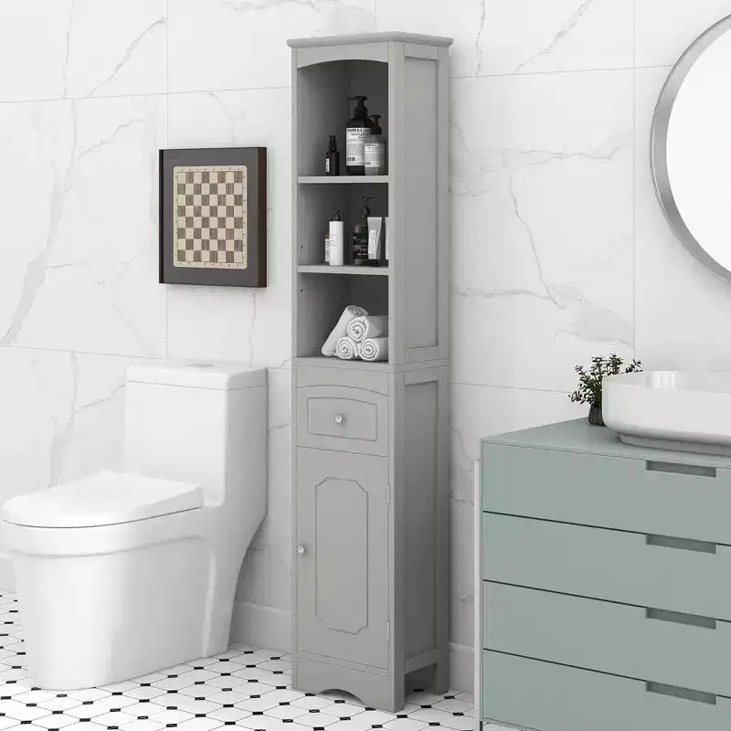 Tall Bathroom Storage Cabinet with Shelves, Drawer and Door, Slim Freestanding Linen Tower for Small Spaces - ModernLuxe